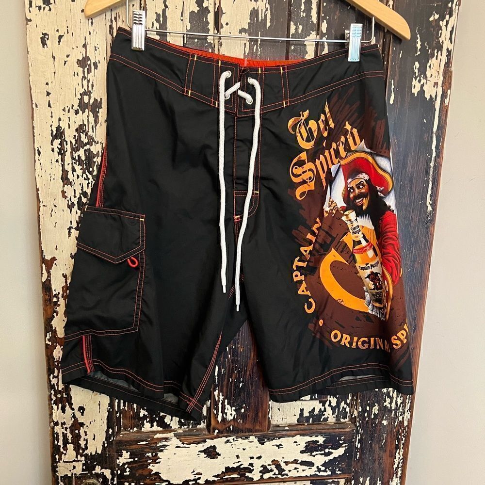 Captain Morgan Swim Trunks Mens 30 Black Orange Graphic Print Board Shrots Cargo